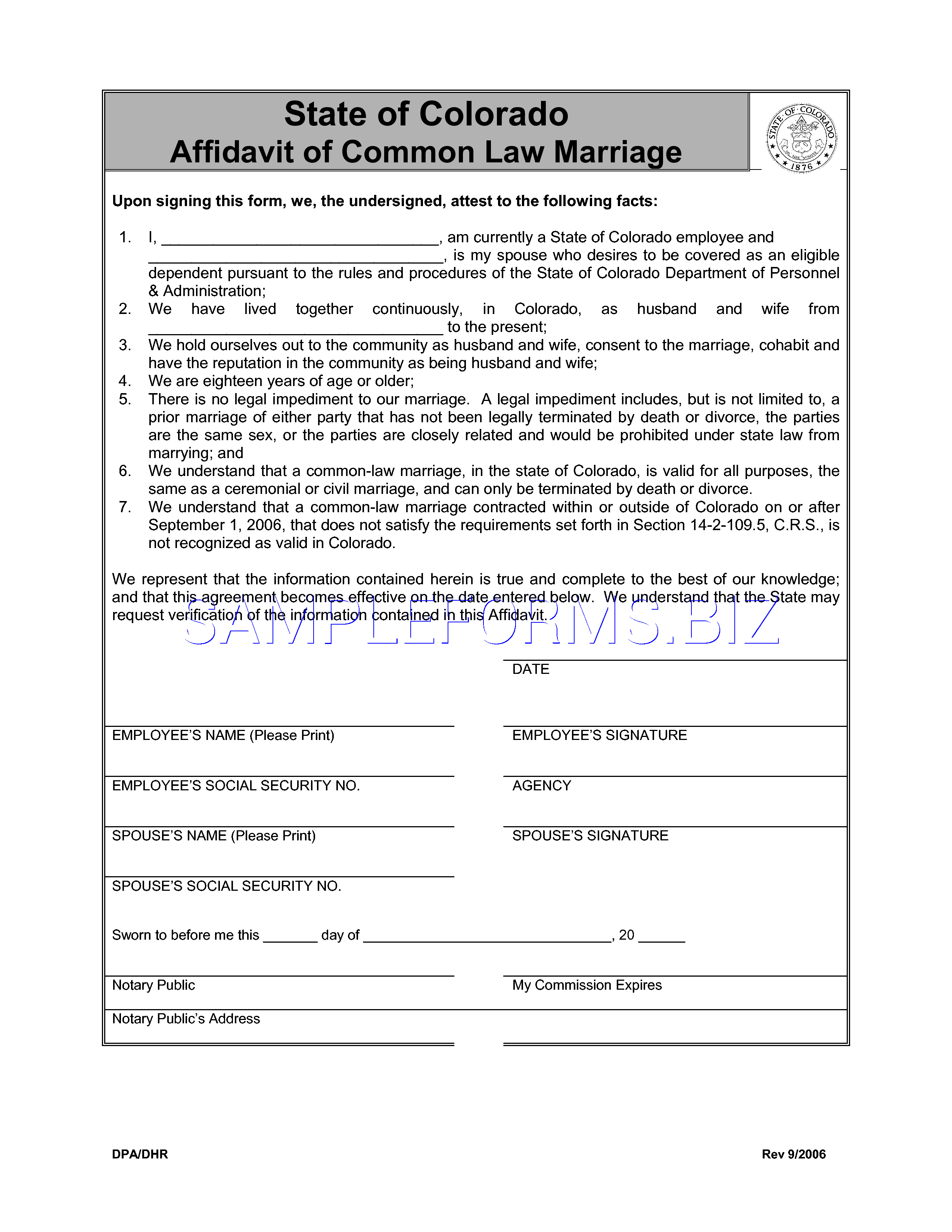Preview free downloadable Colorado Affidavit of Common law Marriage in PDF (page 1)