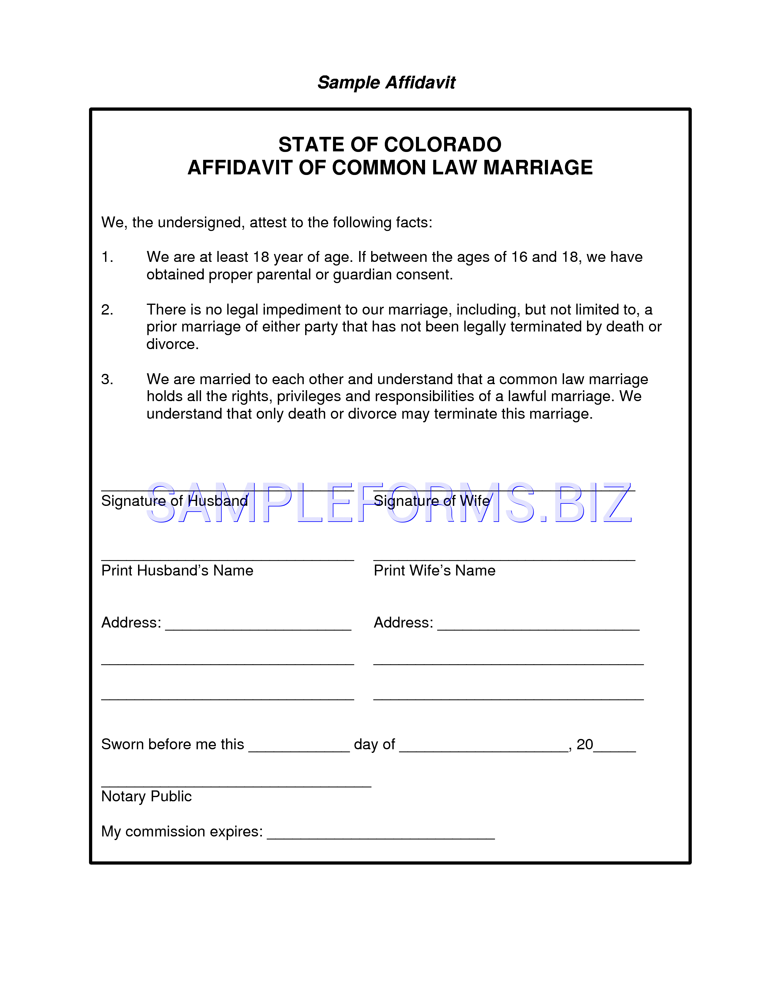 Preview free downloadable State of Colorado Affidavit of Common law Marriage in PDF (page 1)